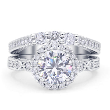 Halo Bridal Set Piece Round Wedding Band Ring Cubic Zirconia 925 Sterling Silver Wholesale